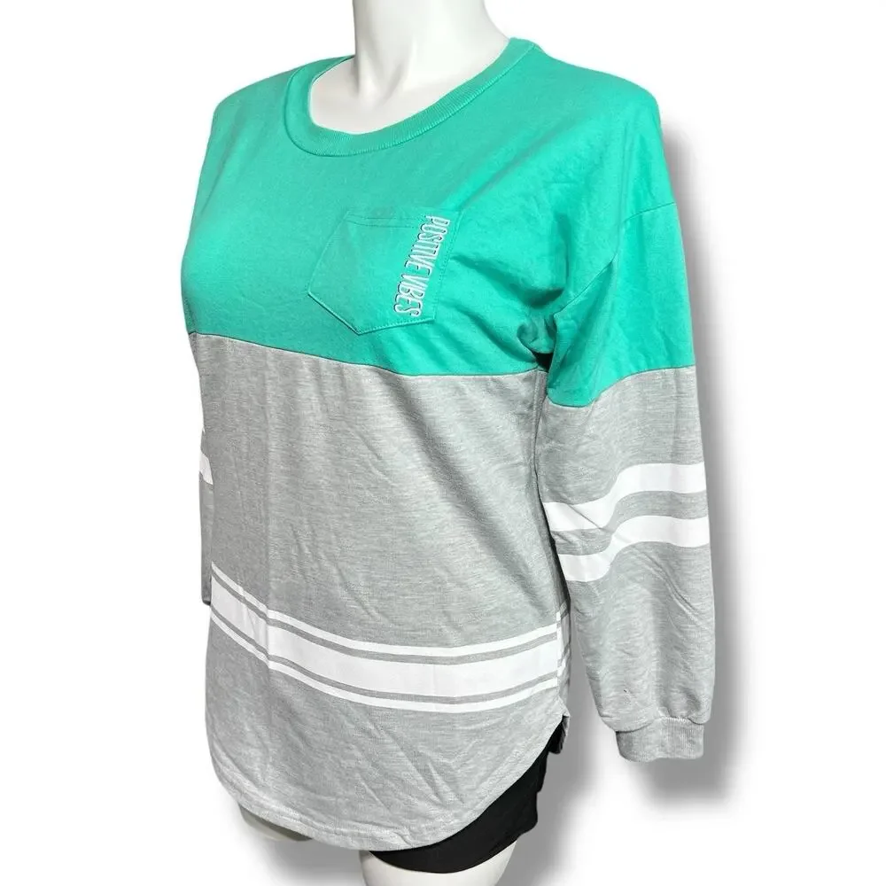 Rue 21 Womens Positive Vibes Sporty Sweatshirt Pullover Long Sleeve Gray Teal La
